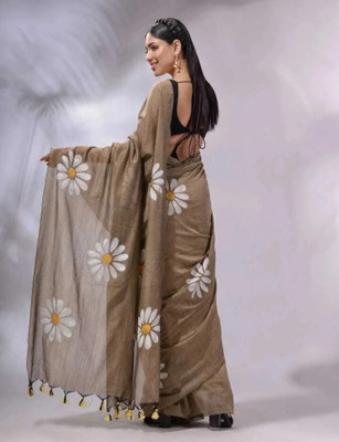 Aquiliq Floral Print Handloom Pure Cotton Saree(Brown)
