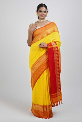 LDma Solid/Plain Narayanpet Cotton Blend Saree(Yellow)