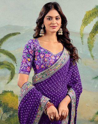 SIRIL Embellished, Embroidered, Printed Bandhani Georgette, Lace Saree(Purple)