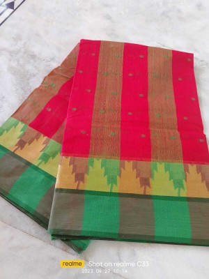 p fashion Self Design Tant Pure Cotton Saree(Red, Green)