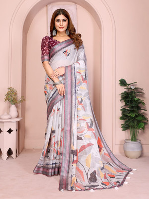 Hasti Graphic Print Assam Silk Cotton Linen Saree(Multicolor)