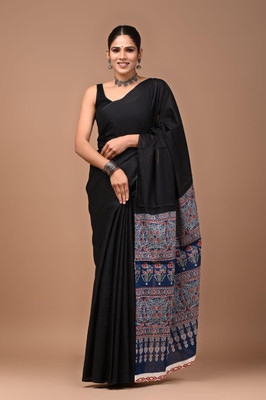 Om Traders Printed Saree with Attached Blouse Cotton Silk Saree(Black)