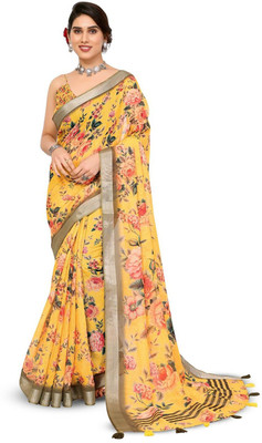 Moda Rapido Printed Bollywood Linen Saree(Yellow)