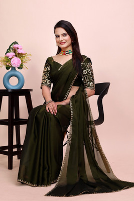 ShiniTrendz Embroidered, Solid/Plain Bollywood Chiffon Saree(Dark Green)