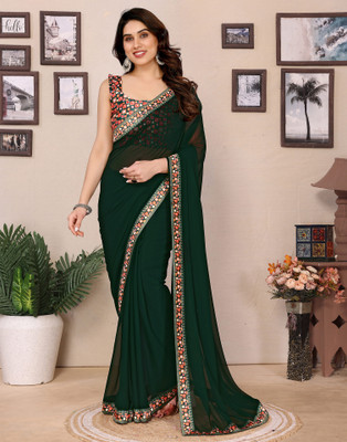Samah Embellished, Solid/Plain Bollywood Georgette Saree(Green)