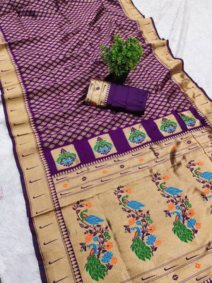 GATISHVAM TEXTILE Woven, Self Design Paithani Art Silk Saree(Purple, Gold)