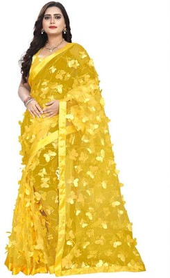 sk new creation Embroidered Bollywood Net Saree(Yellow)