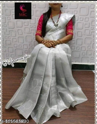 MT textiles Woven Handloom Tissue Saree(Silver)