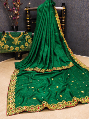 Vraj Textile Embroidered Chinnalapattu Pure Silk Saree(Green)
