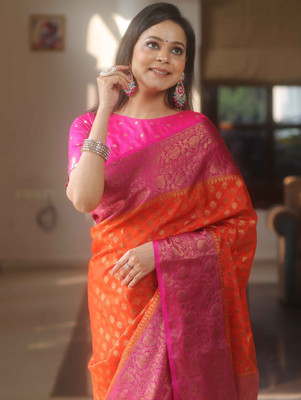 erika Woven Kanjivaram Pure Silk Saree(Orange, Pink)