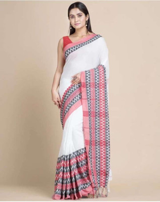 ADbutiq Woven, Temple Border Tant Pure Cotton Saree(White)