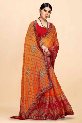 PinkEVE Printed, Floral Print Bollywood Chiffon, Brasso Saree(Red, Orange)