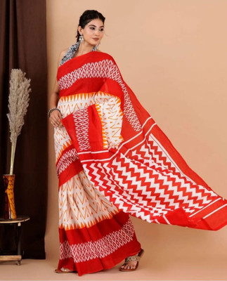 JASU CREATION Printed Bollywood Pure Cotton Saree(Orange)