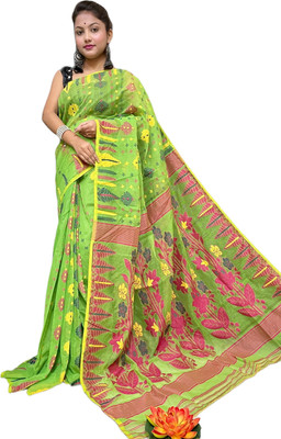 basak creation Woven Jamdani Cotton Blend Saree(Mustard)