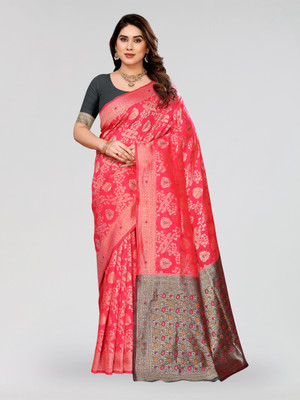 Divastri Woven Kanjivaram Art Silk Saree(Pink, Green)