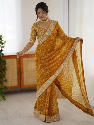 Hartik Fashion Embroidered Bollywood Georgette Saree(Yellow)