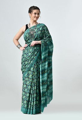 The Weavers Shop by Raavi Blocked Printed Daily Wear Cotton Silk Saree(Black, Blue)