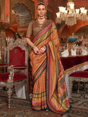 Tasrika Printed Banarasi Silk Blend Saree(Orange)