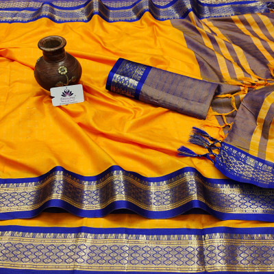 sanvi Woven, Checkered, Embellished, Self Design Daily Wear Jacquard, Cotton Silk Saree(Yellow)