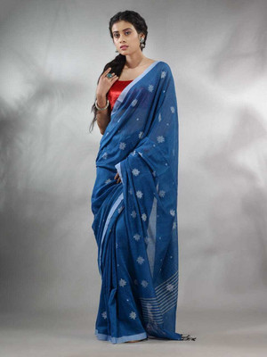 Shrutisareeghar Woven Handloom Pure Cotton Saree(Light Blue)