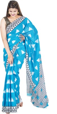 RAMNATH'S Printed, Color Block, Blocked Printed Ikkat Pure Cotton Saree(Light Blue)