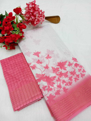 HouseOfCommon Printed Kanjivaram Chanderi, Cotton Silk Saree(White, Pink)