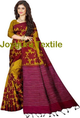 Joyguru Textile Printed Handloom Cotton Blend Saree(Yellow)