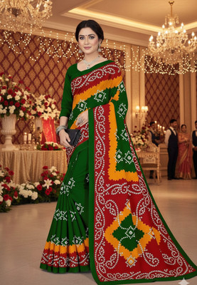 HeritageHub Printed Bandhani Pure Cotton Saree(Dark Green, Red)