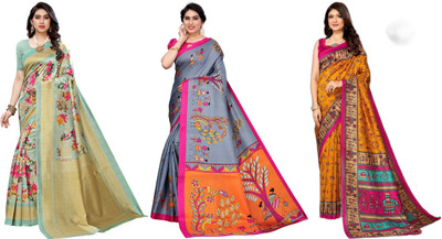YASHIKA Printed Mysore Art Silk Saree(Pack of 3, Light Green, Grey, Yellow)