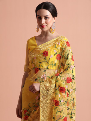 Jaipur Kurti Embroidered Bollywood Net Saree(Yellow)