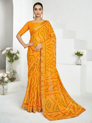 Divastri Printed Bandhani Chiffon Saree(Yellow)
