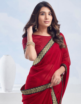 HouseOfCommon Solid/Plain, Woven Bollywood Georgette Saree(Red)