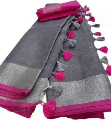 HAIDER ALI AND SONS Solid/Plain Bollywood Cotton Linen Saree(Grey)