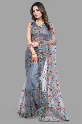 A To Z Cart Embroidered Bollywood Net Saree(Grey)