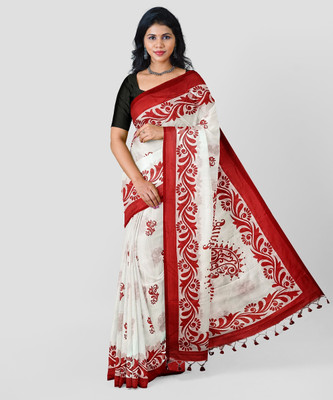 SMRITI HANDLOOM Printed Handloom Handloom Pure Cotton Saree(White, Red)