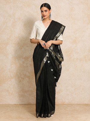 Moara Solid/Plain Daily Wear Pure Cotton Saree(Black)