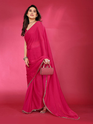 ANOUK Solid/Plain Saree with Attached Blouse Chiffon Saree(Pink)