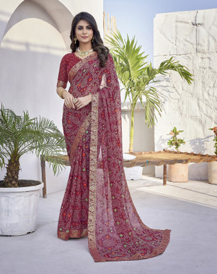 YASHIKA Printed Bollywood Georgette, Lace Saree(Maroon)