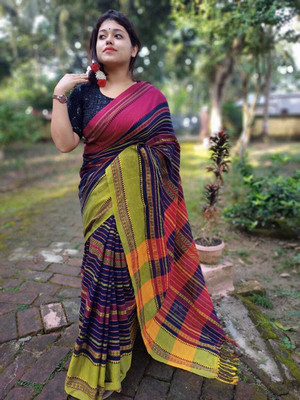 AMIT STORE Striped Handloom Cotton Blend Saree(Dark Blue)