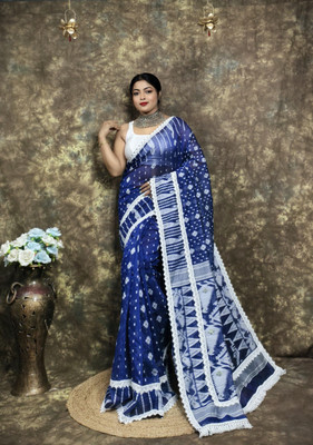 Ahana Textile Self Design Jamdani Cotton Silk Saree(Light Blue)