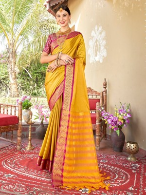 Fashion Club Collection Self Design Banarasi Cotton Silk Saree(Mustard)