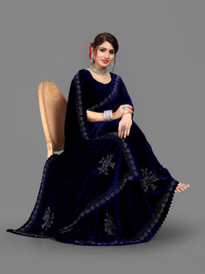 hutah Self Design, Woven Mysore Velvet Saree(Dark Blue)