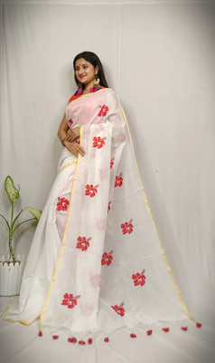PRANATI ENTERPRISE Printed Handloom Cotton Silk Saree(White)