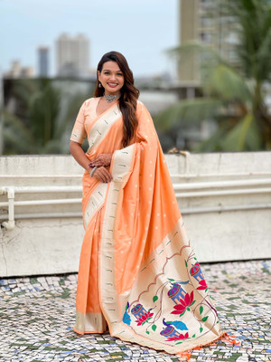 all about you Embroidered Paithani Silk Blend Saree(Orange)