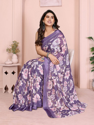 ANOUK Printed Saree with Attached Blouse Chiffon Saree(Purple)