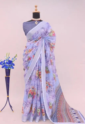 Grubstaker Digital Print Bollywood Linen Saree(Purple)