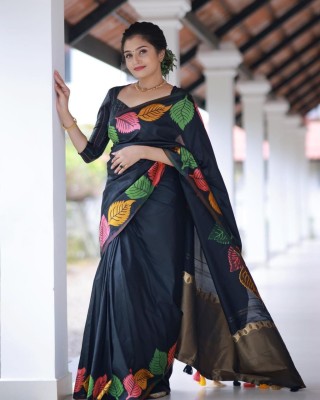 Bansari Textiles Self Design, Applique, Woven, Printed Bollywood Linen, Cotton Jute Saree(Black)