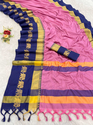 NST5 Solid/Plain, Woven, Animal Print Kanjivaram Cotton Silk Saree(Pink, Dark Blue)
