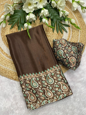 TRUORIGIN Printed Bollywood Silk Blend Saree(Brown)