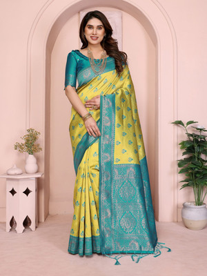 VASTUKALA Woven Kanjivaram Pure Silk, Art Silk Saree(Yellow, Blue)